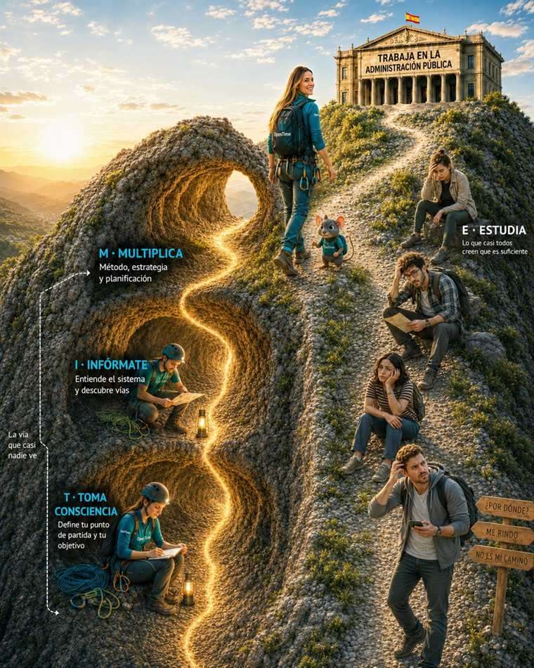 El método OposTIME representado como cuevas ocultas en la montaña