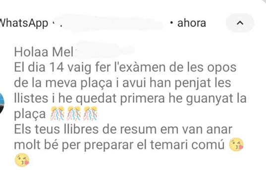Missatge d'una alumna que queda primera i guanya la plaça amb els llibres de resum OposTime