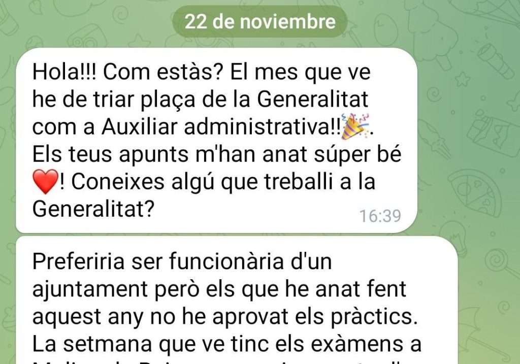 Missatge d'una alumna que guanya plaça a la Generalitat de Catalunya amb els resums OposTime